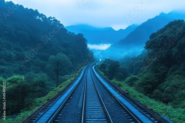 Fototapeta Train tracks stretching through a misty, lush valley surrounded by tall, green forested mountains