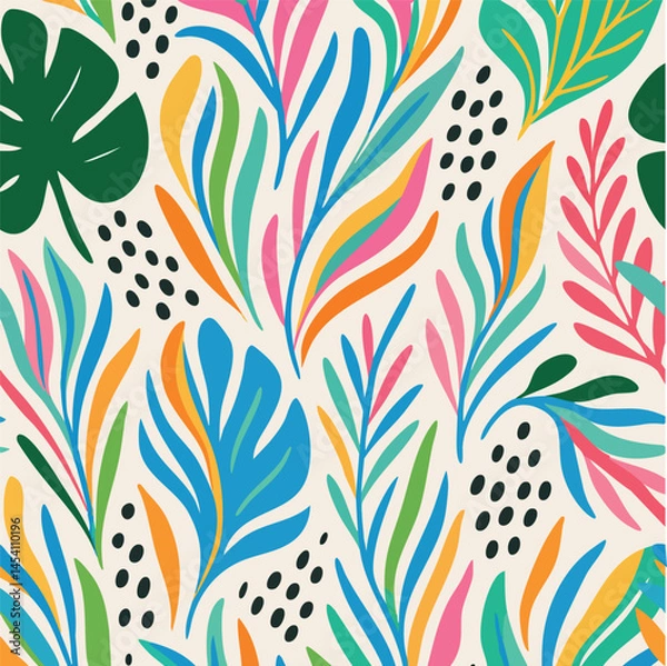 Fototapeta Vibrant seamless pattern featuring stylized leaves and abstract shapes in bright pink, orange, yellow, green, teal, and blue with black dots on a light background. Modern, colorful, energetic design