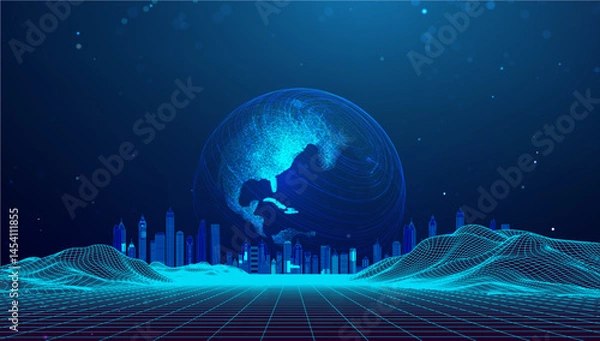 Obraz Background World Tech Network Globe Map Global Abstract Connect Future. Vector earth design highlights digital data flow. Futuristic AI hologram energy innovation.