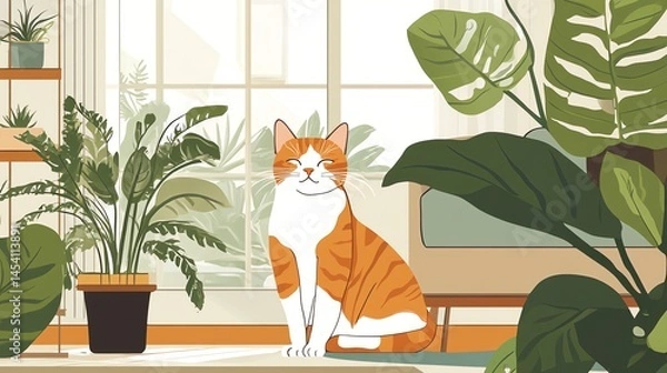 Obraz Digital illustration of a smiling orange tabby cat sitting among lush green plants in a sunlit room.