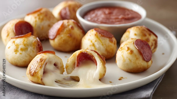 Fototapeta Playful Bite-Sized Pizza Dough Balls Stuffed with Cheese and Pepperoni Served with Marinara Sauce