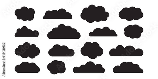Fototapeta Cloud sky icon, black silhouette bubble, web collage set, smoke air, abstract heaven symbol, black minimal weather sign isolated on white bg. Cartoon simple vector illustration