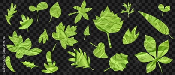 Obraz Set of leaf silhouettes with jagged edges. Crumpled paper texture. Botanical shapes for collage and scrapbooking
