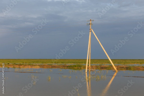 Fototapeta Flooded landscape in Kazakhstan showcasing a power pole at sunset
