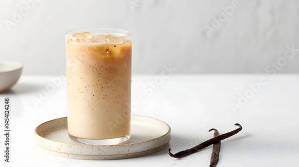 Fototapeta Creamy Iced Latte in Glass with Vanilla Beans on White Background for Refreshing Beverage Themes