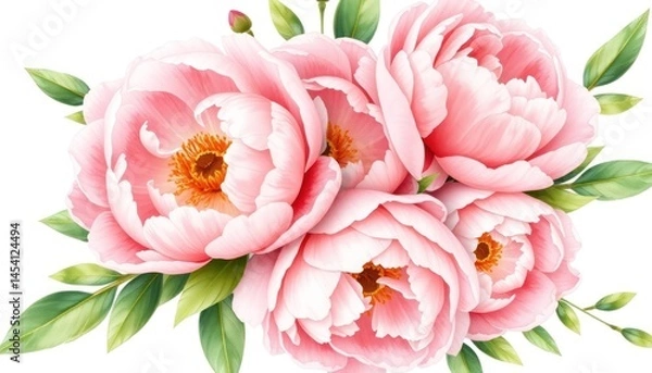 Obraz Elegant Watercolor Peony Arrangement for Invitations and Decorative Projects with Soft Pastel Pink Tones and Green Foliage