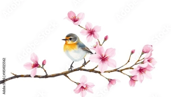 Obraz Watercolor painting of a small robin perched gracefully on a blossoming branch, a serene nature scene evoking spring