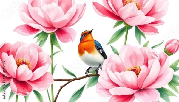Obraz Whimsical Floral Arrangement: Delicate Peonies and a Vibrant Songbird in a Peaceful Composition