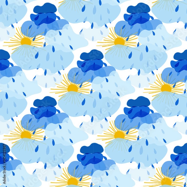 Obraz Seamless pattern of yellow sun and clouds of different shades of blue with raindrops in children's style hand drawn for posters, cards, stickers. Seamless pattern on pastel soft blue background