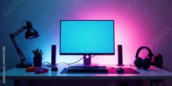 Fototapeta A vibrant workspace featuring a modern computer setup bathed in colorful ambient lighting, complete with essential peripherals and a touch of greenery
