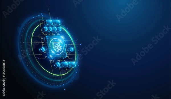 Fototapeta Lowpoly CPU Microchip with Anti Virus Shield Lineart Icon. Abstract geometric illustration on safety and security of artificial intelligence tech hardware concept by wireframe mesh on blue background