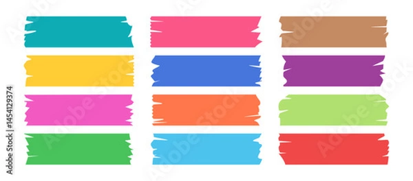 Fototapeta Tape adhesive, masking paper, cute sticker torn, strip rip, doodle colorful piece scrapbook, decoration tape isolated on white bg. Cut path stick. Red, blue, purple card collage. Vector illustration