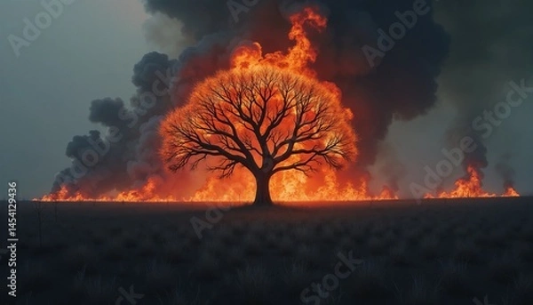 Obraz Burned tree in blackened field with post-apocalyptic mood