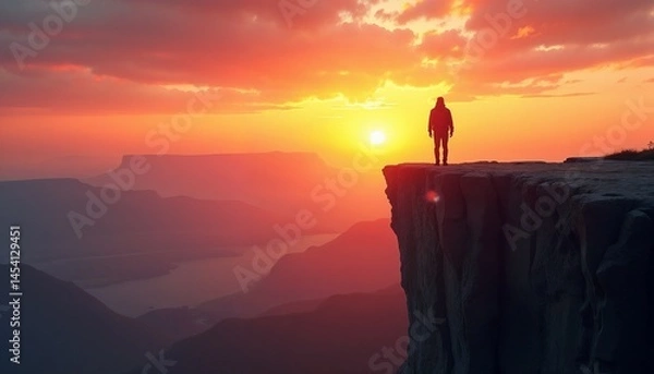 Fototapeta Lone figure on cliff edge at sunset with vast landscape view