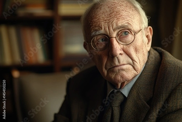 Fototapeta A pensive elderly gentleman with glasses, thoughtfully gazing off into the distance, sits in a study.