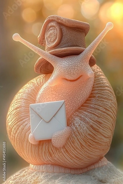 Obraz Snail postman carrying a letter.  A snail wearing a hat holds a letter.  Cute and whimsical