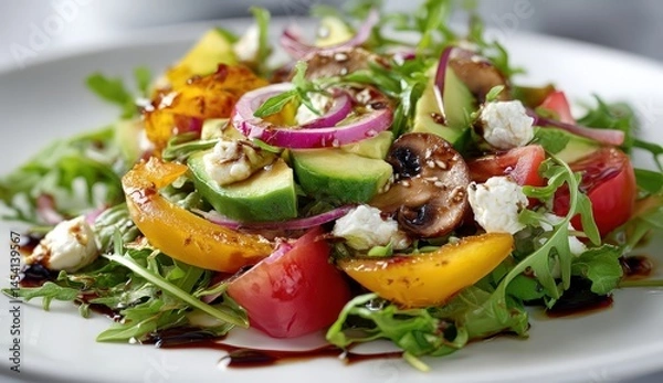 Fototapeta Colorful fresh vegetable salad with feta and balsamic glaze.