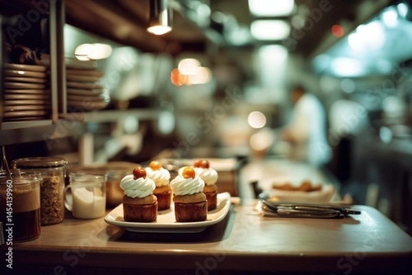 Fototapeta Pasteles en un plato en una cocina con luz tenue y un ambiente cálido.