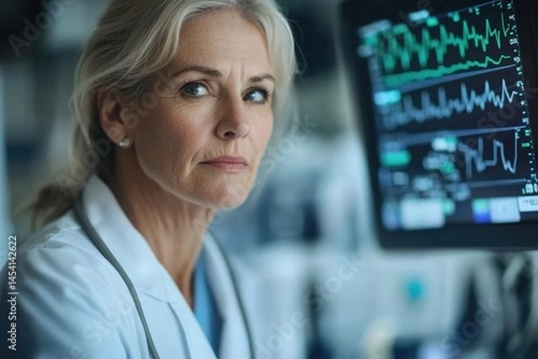 Fototapeta A serious female doctor looks intently at a medical monitor displaying vital signs, showing her focus and concern for her patient.
