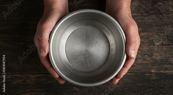 Fototapeta AI image top-down shot of rough hands holding an empty, worn metal bowl centered on a dark wooden table surface.