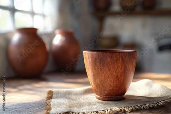Fototapeta Wooden cup sits on a rustic table in sunlit room.