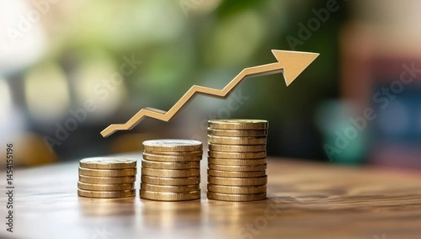 Fototapeta Ascending Gold Coins with Upward Arrow Financial Growth Concept