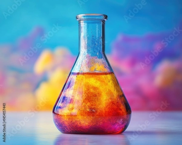Obraz Erlenmeyer flask filled with vivid orange liquid on a colorful backdrop