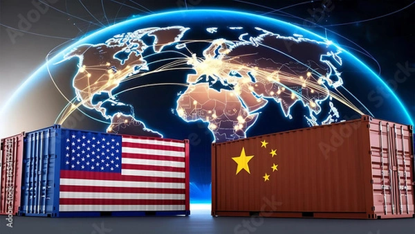 Obraz America and China Trade Containers with Global Network Background