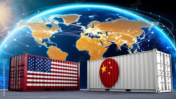 Obraz America and China Trade Containers with Global Network Background