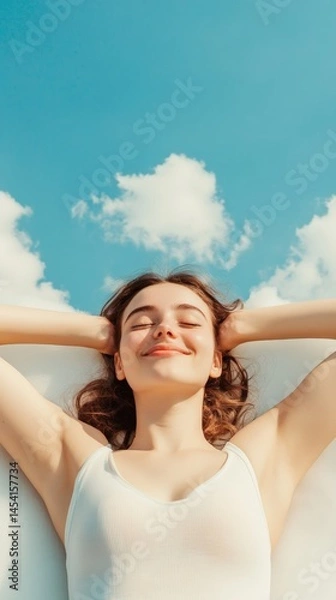 Fototapeta Young woman in a white tank top lying on a white surface with hands behind her head, eyes closed, enjoying a peaceful moment against a blue sky and white clouds