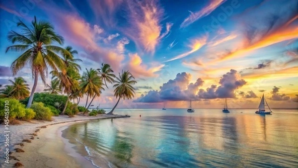 Fototapeta Serene Sunset over a Tropical Beach with Sailboats Gently Anchored in Calm Waters