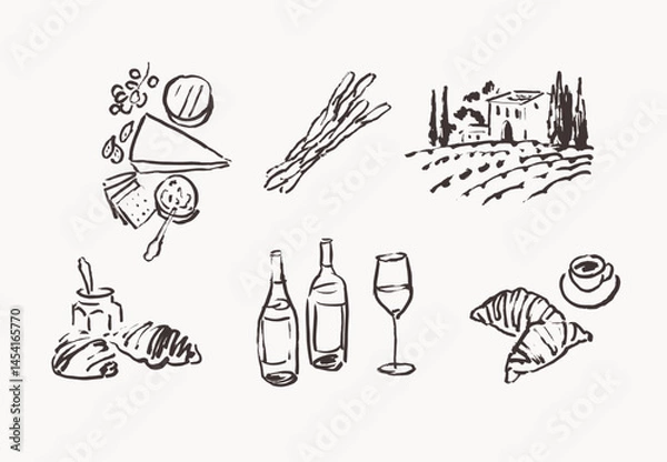 Obraz Line art drawings, wine and charcuterie illustrations