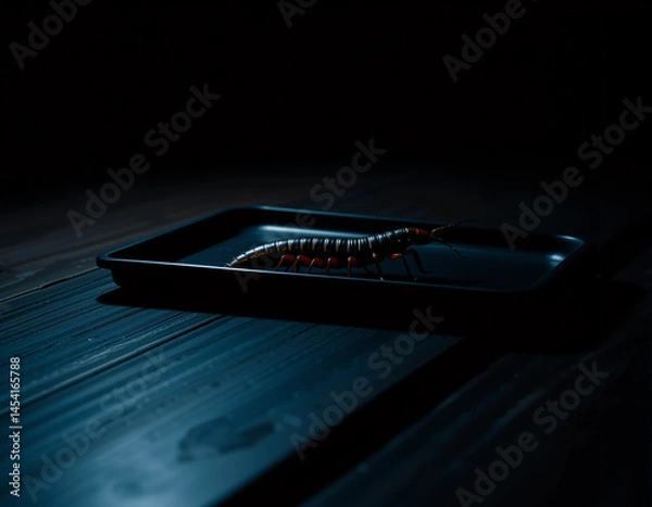 Fototapeta A realistic centipede crawling on a black tray placed on a dark wooden table