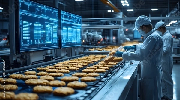 Fototapeta Two workers in sterile suits monitor a food production line with advanced digital displays showing real-time data in a modern factory.