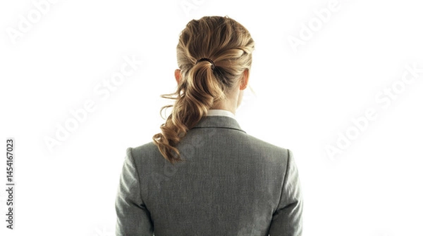 Obraz Businesswoman in a blazer, from behind, standing still, clean white studio background, hyper-detailed 