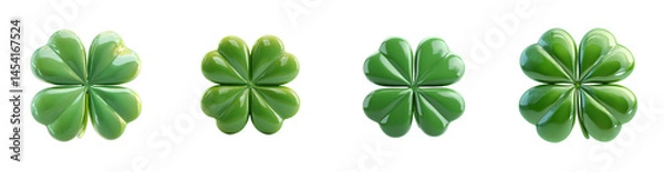 Fototapeta Four shiny green four leaf clovers isolated transparent background perfect for st patricks day designs