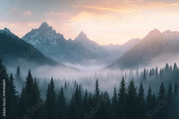 Fototapeta Mountain Range with Forest and Fog