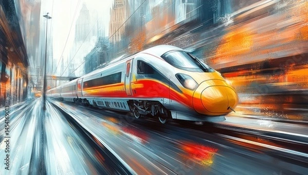 Fototapeta High-speed train moving through a city