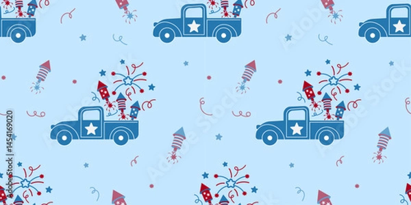 Fototapeta Cute a Truck of Fireworks US Flag Design in Baby Blue Background in a Seamless Pattern 