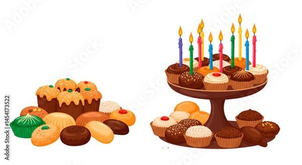 Fototapeta A delightful array of cupcakes and pastries, some adorned with burning candles, set against a stark black backdrop.