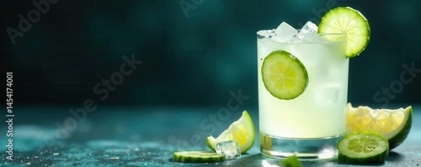 Obraz Crisp white cocktail garnished with fresh cucumber slices, served on ice , garnishes, bar scene, clean