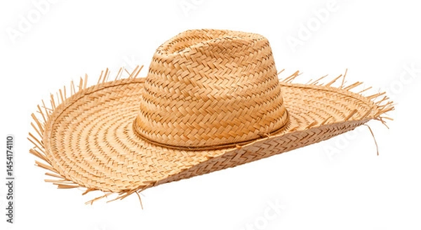 Fototapeta A straw hat, typically worn in sunny or tropical climates, is designed to shield the head and face from the sun.