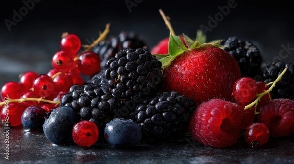 Fototapeta Vibrant assortment of fresh berries on dark background.
