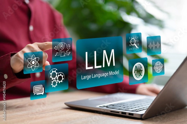 Fototapeta LLM, AI Large Language Model concept, Businesswoman use laptop and an application with general-purpose language generation capability, Chat AI, Automation, Machine learning, Big Data analysis Document