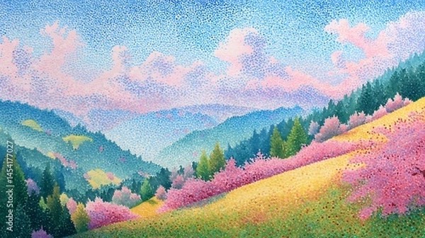 Fototapeta Pointillist landscape painting depicting a blooming hillside under a pastel sky, mountains in the background.