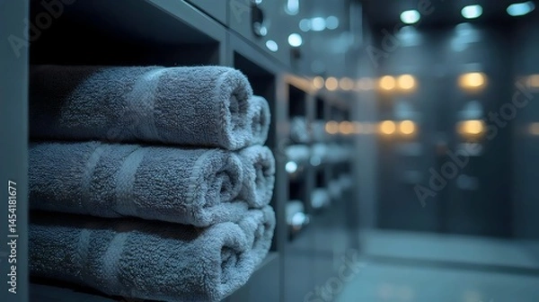 Fototapeta A close-up shot of neatly rolled gray towels stacked inside a modern spa's storage unit.