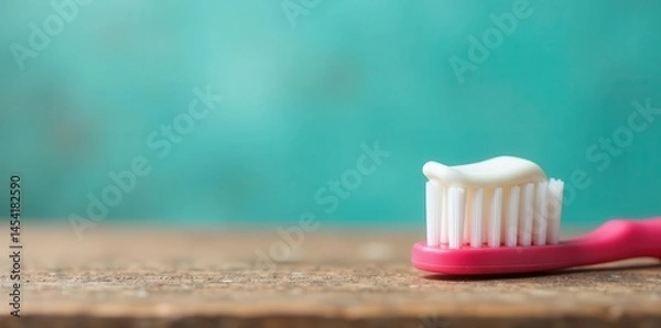 Fototapeta Organized toothbrush, floss, toothpaste on wood Ample copy space , wellness, cleanliness