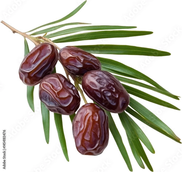 Fototapeta Dates on the branch with leaves on a transparent and isolated white background. Generated AI