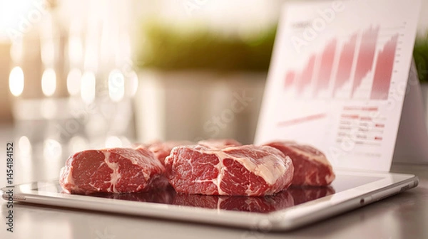 Fototapeta Fresh cuts of meat displayed on a tablet, showcasing culinary trends and analytics.