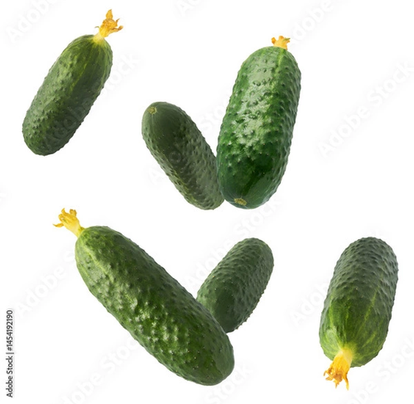 Obraz Fresh raw cucumber  falling in the air isolated on white background. Food levitation or zero gravity conception